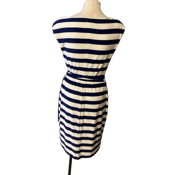 Ralph Lauren Dress Navy Blue Ivory 8 Stripe Stretch Washable Career Church - Picture 4 of 6